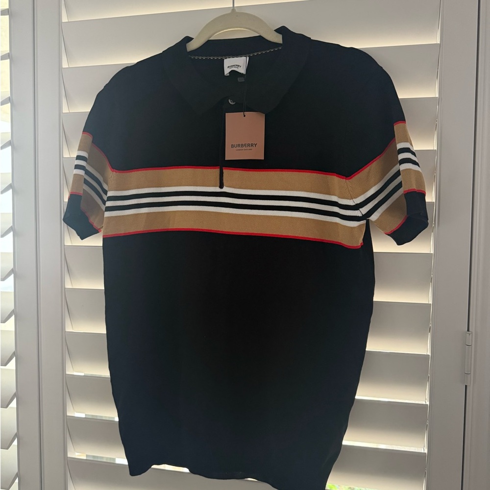 Burberry Polo Shirt with Black and Tan Stripes
